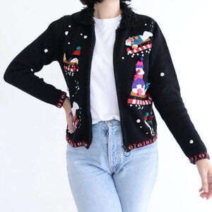 Vintage Karen Scott Sport  Petite Black Christmas Cardigan Petite Small